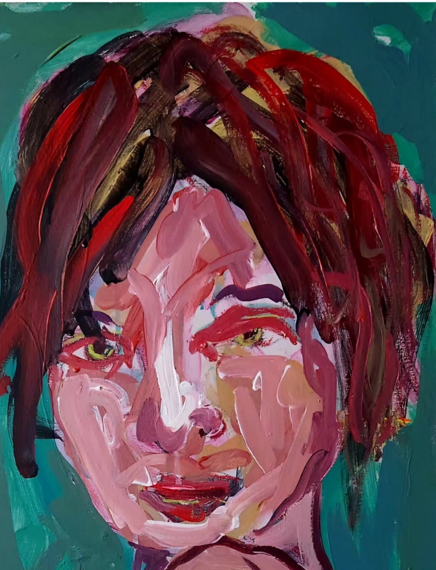 urn of red paint on a canvas, with a face and hair in shades of pink and brown, set against a green background.