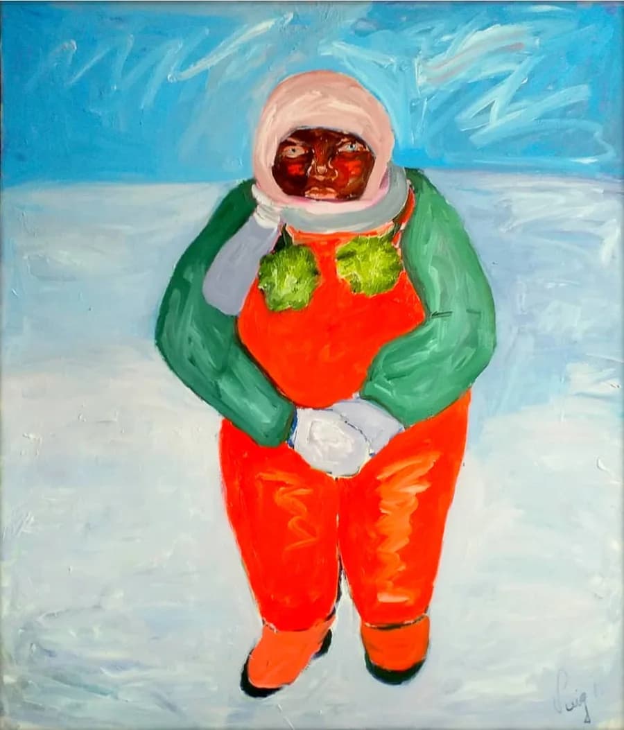 iced portrait of a person in orange and green, with white gloves and a pink hat, against a blue sky backdrop.