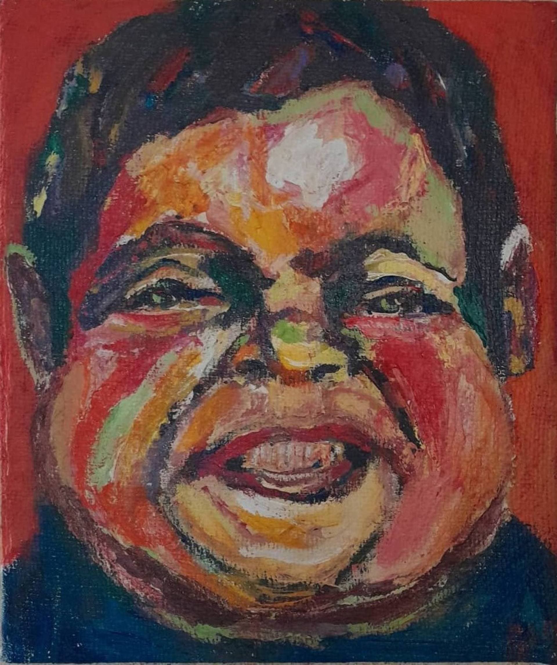 A colorful portrait of a young boy with a big smile, set against an abstract background.