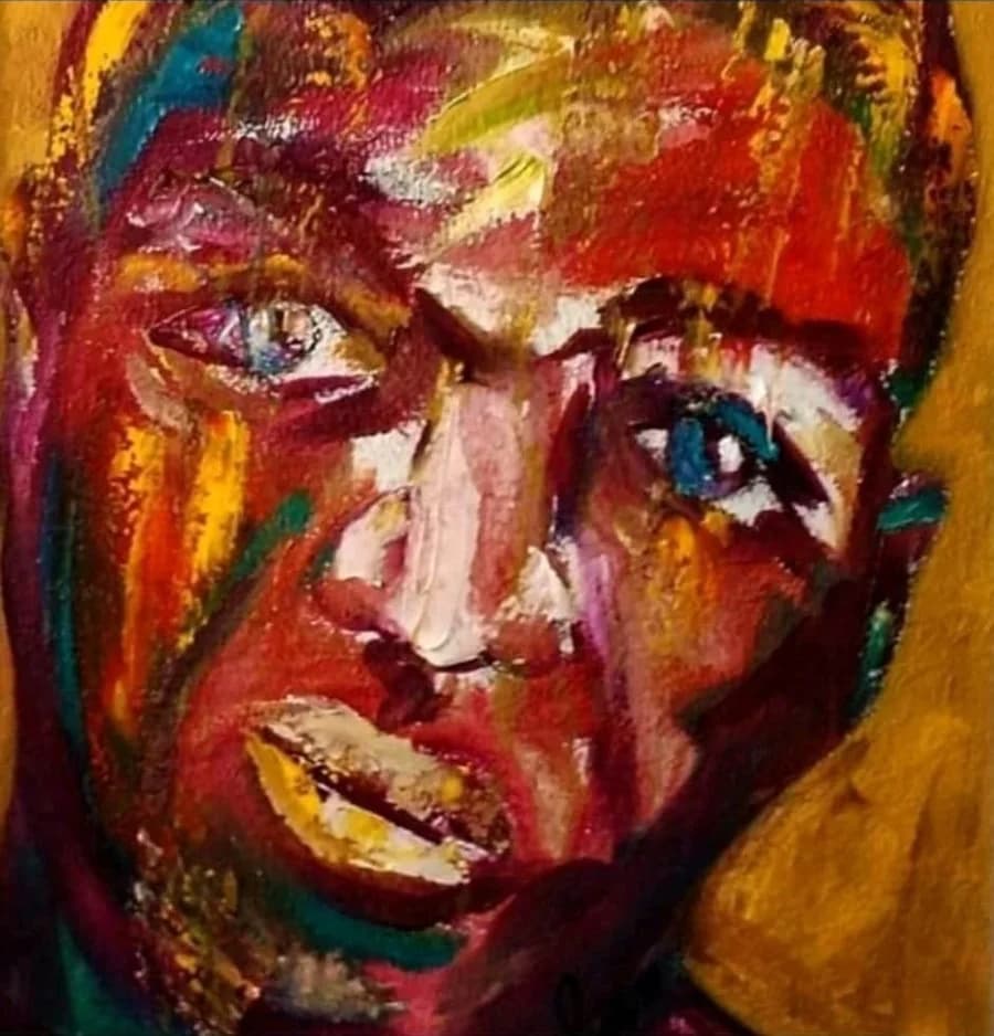 urn of paint on a canvas, featuring a dark-skinned man with blue eyes and a red nose, set against an orange background.
