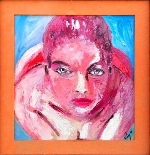 A pink-haired woman with blue eyes is depicted in a realistic style, set against an orange frame and blue background.