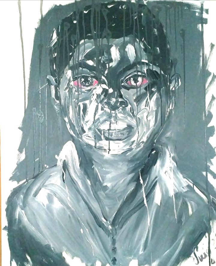 A black and white portrait of a person with red eyes, set against a dark background, conveying a sense of mystery or intrigue.