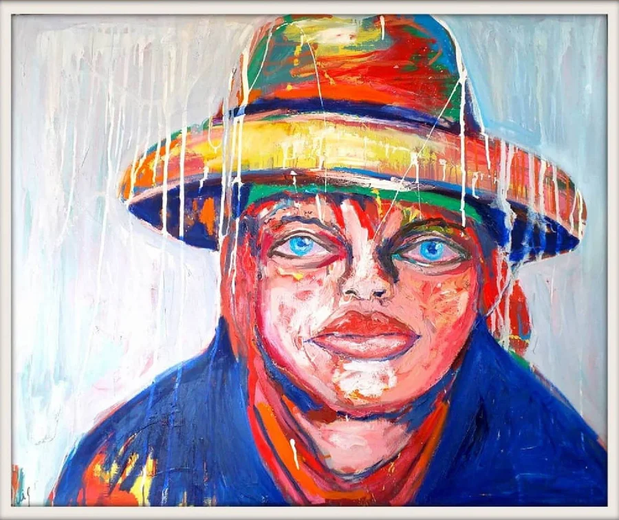A vibrant, colorful oil painting of a person with blue eyes and a red bandana, set against a white background.