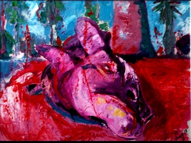 A pink dog with a red nose lies on its side, surrounded by trees and bushes against a blue sky backdrop.