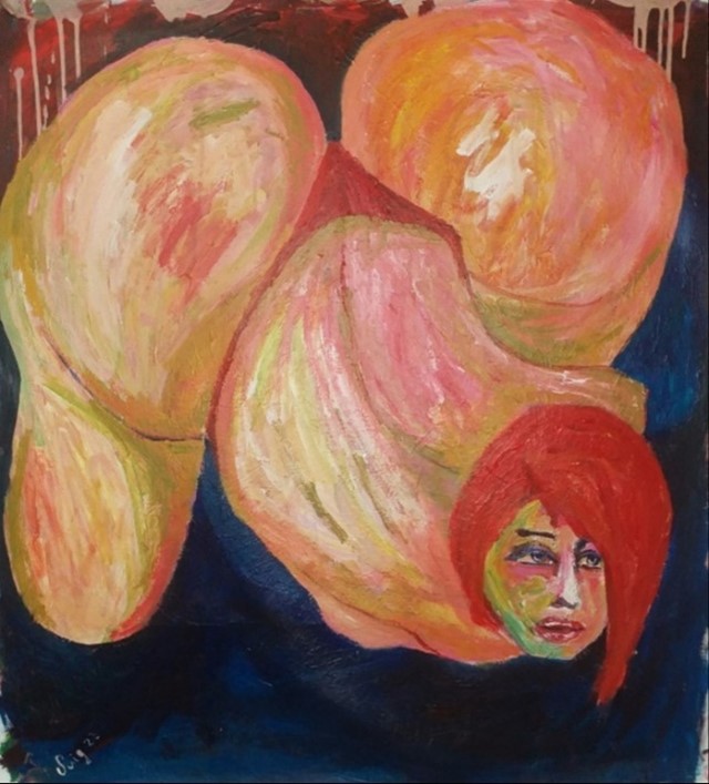 urn of pink and yellow flowers with a red head, set against a dark blue background.