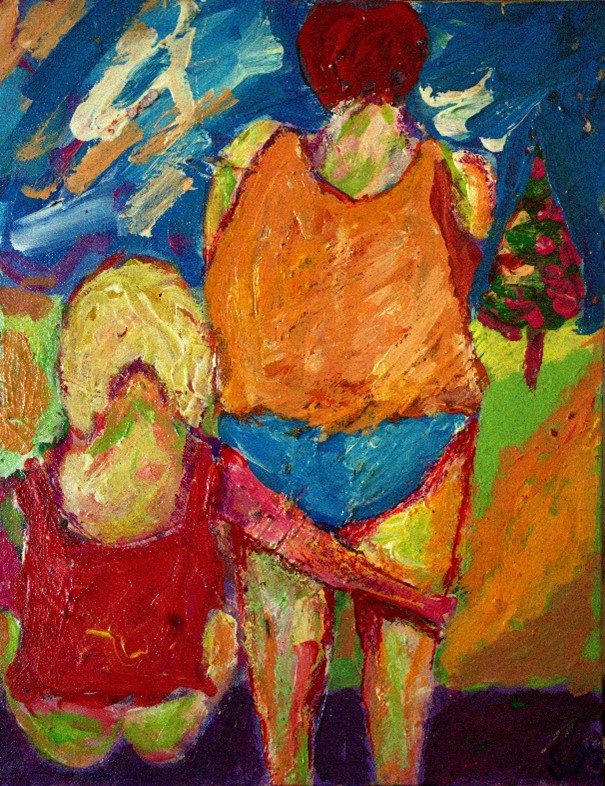 urn of flowers on a tree branch, with a woman and child standing behind it