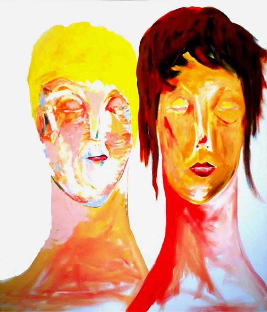 urns of gold and red paint, with a white background, create an abstract expressionist piece featuring two human faces.