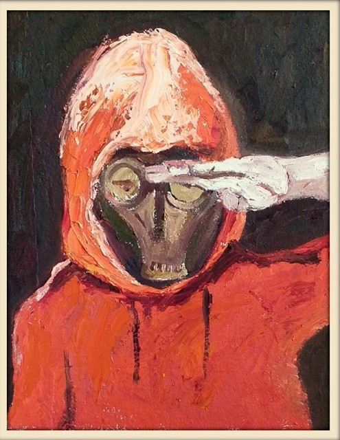 urn of blood, a mask with eyes and nose, and a red hooded jacket are depicted in an oil on canvas style.